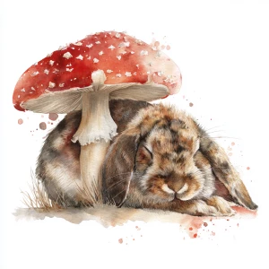 Fluffy brown rabbit sleeping under red spotted mushroom, soft wa...