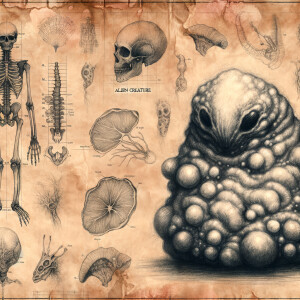 Alien amorphous creature illustrated on aged parchment with anat...