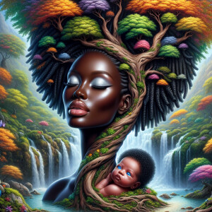 Create a close-up, hyper-realistic 3-D oil painting of a tree wi...