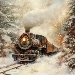 A vintage train, its weathered metal gleaming with the patina of...