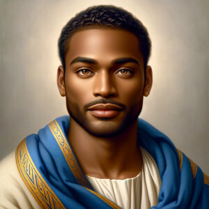 Create handsome African-American, Jesus, with Hazel Brown eyes wearing a blue and gold robe