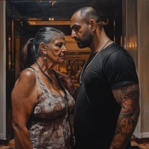 Hyperrealism .A sweaty beefy man entering with his 54 year old...