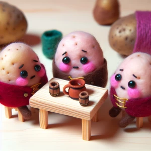 Felted image of cute  potatoes drinking to much vodka