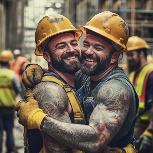 Generate an image showing a cheerful group of muscular, tattooed...