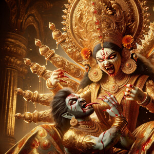 portrait of angry looking goddess durga sitting on a gold crown...