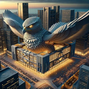 Create a 3D image of a building designed in the shape of a big...
