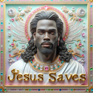 A 3D realistic artwork featuring the phrase 'Jesus Saves' adorne...