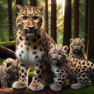 Amur leopard mother with her cubs