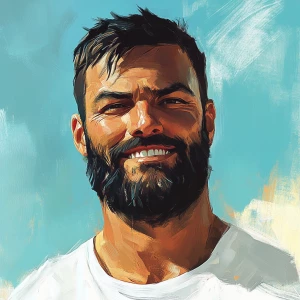 White muscular thin man with beard, big chin, smile and cheekbon...