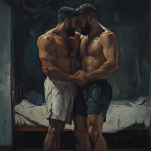 two men in soccer clothes, one without t-shirt, sweaty, both wit...