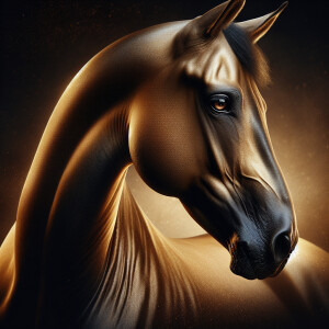 A profile portrait of an Akhal-Teke horse's face rendered in the...