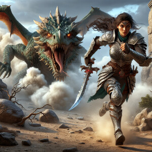 Generate an image of a woman worrier running from a dragon