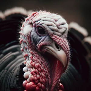 A turkey with a downcast expression and drooping feathers, givin...
