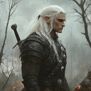 A fantasy warrior with long white hair, dressed in detailed dark...