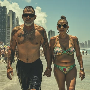 Photo-realism,fantasy.a muscular sweaty man walking  with his 50...