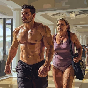 Digital,A man  muscular beefy sweat walking with his  54 years o...