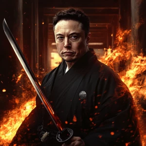 Elon Musk,swinging samurai sword, flames, GTA style