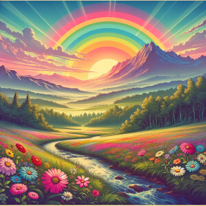 Create a retro 1960s hippie-style poster with a pastel rainbow c...