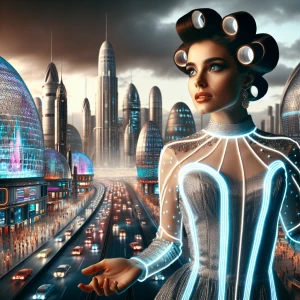 A graceful woman posing in a flowing dress that combines 1960s elegance with advanced materials. The dress glows faintly along its seams, and her hair is styled in a vintage updo, contrasting with the futuristic backdrop of a sleek, domed city