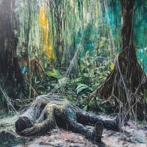 A amazon jungle scene with a 30 meter area is covered in spider...