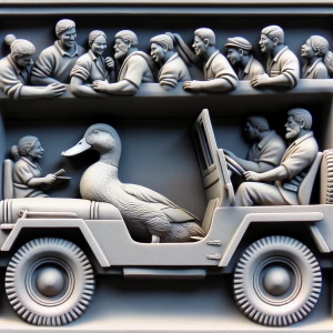 Design a three-dimensional bas-relief depicting a duck seated inside a Jeep, oriented to face the viewer, with miniature figures crossing the dashboard.