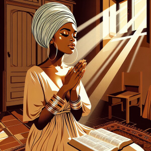 Light skin, Latino african american woman wearing a headwrap, op...