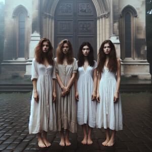 Create a color film photograph from 1962 of three beautiful, fre...