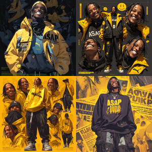"ASAP Rocky face wearing Puma in realist style surrounded by yel...