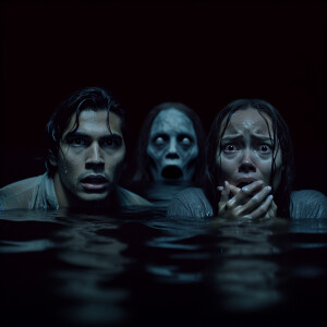 A guy and a girl swim in fright in the lake. Terrible pale faces...