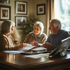 Create a cozy home scene where an elderly couple discusses their...