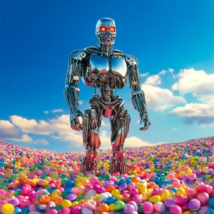 The terminator standing in a field of candy