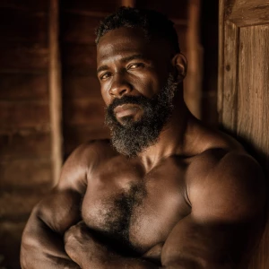 The image shows a Black man with a muscular, hairy chest well-bu...