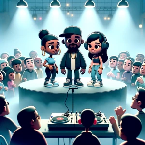 Three urban rap artists are standing in a circle at a small, smo...