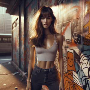 Athletic Thin skinny Attractive, Asian teenage girl, long brown hair and bangs, wearing tight skinny jeans and a halter top paint marks on her clothing, heroic pose Asian graffiti background, backside view