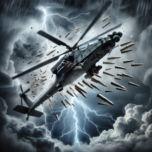 A Army helicopter struck by ammo, falling from the sky, with a d...