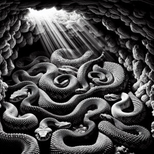 Create a black and white image of a Den full of Rattlesnakes , e...
