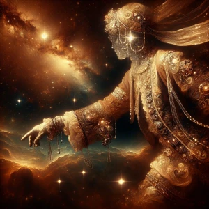 An extravagantly adorned cosmic wanderer drifts through the vast...