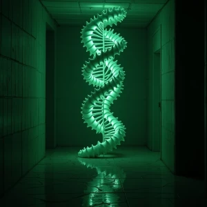 "In a dimly lit laboratory, a grotesque double helix rises, puls...