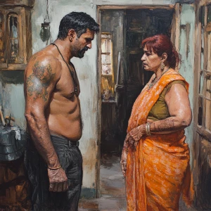 Realistic art ,A muscular tattoed sweaty employer man talking to...