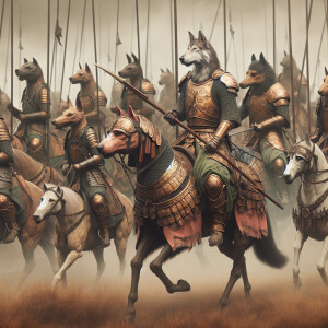 Create a realistic picture of a legion of humanoid dogs as medie...