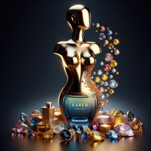 Create a 3-D realistic gold and  blue, colorful jewels perfume bottle
In the shape of a women’s body with the name Karen