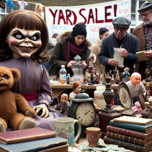An evil doll hosting a successful yard sale