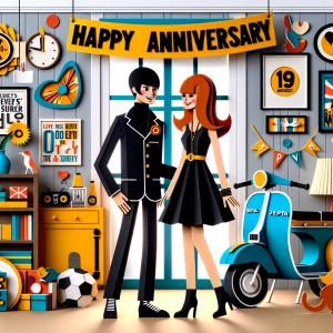 ‘Happy 19th Anniversary!’ Written
A 60s mod vibe with a tan male...
