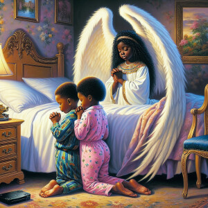 An oil painting of two African-American children with dark skin,...