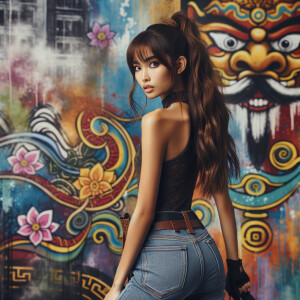 Attractive, Asian teenage girl, long brown hair and bangs, wearing tight skinny jeans and a halter top paint marks on her clothing, backside view heroic pose Asian graffiti