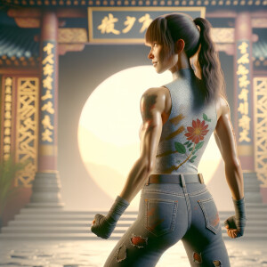 Athletic Thin skinny Attractive, Asian teenage girl, long brown hair and bangs, wearing tight skinny jeans and a halter top paint marks on her clothing, heroic pose Asian graffiti background, backside view