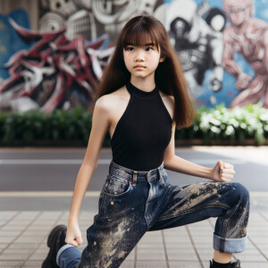 teenage girl, long brown hair and bangs, wearing tight skinny jeans and a halter top paint marks on her clothing, heroic pose Asian graffiti background, nearing on one knee