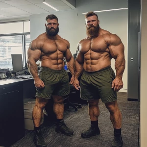 Two muscular bodybuilders standing side by side in an office set...