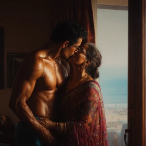 Hyperrealism painting.a muscular sweaty indian man standing in...