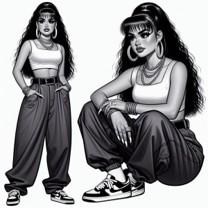 Create an image of a woman dressed in a classic '90s chola fashi...